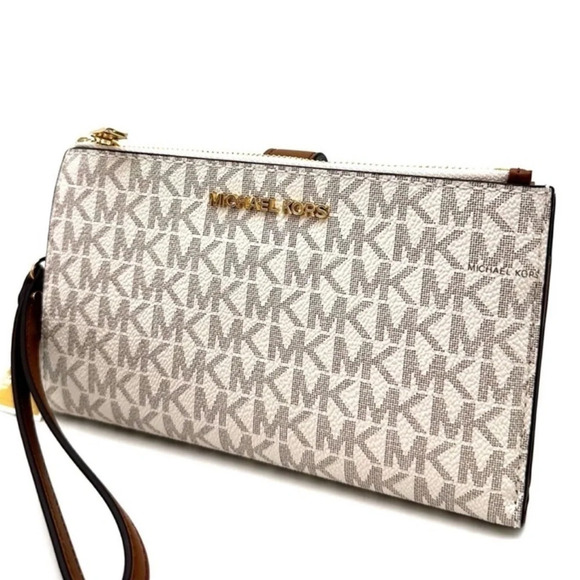 Michael Kors Large Double Zip Wallet Wristlet Vanilla/Brown - Picture 1 of 8